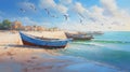 Painting of a picturesque beach with fishing boats