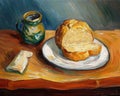 A painting of a piece of bread on a plate. AI generative image