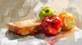 A painting of a piece of bread and two apples, AI