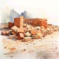 A painting of a pile of bricks and a brick wall