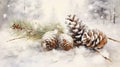 a painting of pine cones and pine needles in the snow