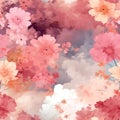 Painting of pink clouds, flowers, and skies in a dreamlike illustration (tiled)