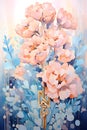 a painting of pink flowers on a blue background. Acrylic Painting of a Sapphire color flower perfect for Wall Art.