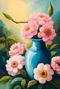 a painting of pink flowers on blue colored vase surrounded with forest leaves. elegant nature wallpaper background. warm green and