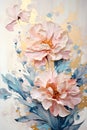 a painting of pink flowers with blue leaves. Acrylic Painting of a Sapphire color flower perfect for Wall Art.