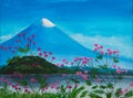 Painting with pink flowers, lake and Fuji Royalty Free Stock Photo
