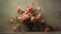 Painting Of Pink Roses In A Vase: A Study In Moody Tonalism