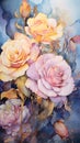 a painting of pink and yellow roses on a blue background. Watercolor Painting of a Rose color flower perfect for Wall Art. Royalty Free Stock Photo