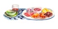 A painting of a plate of fruit and a glass of juice. AI generative image