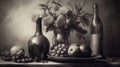 a painting of a plate of fruit and a vase of flowers and a bottle of wine on a table with a plate of fruit and flowers Royalty Free Stock Photo