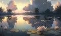 a painting of a pond with lily pads and a sunset in the background Royalty Free Stock Photo