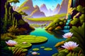 Painting of pond with lily pads and waterfall in the background. Generative AI Royalty Free Stock Photo