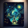 Painting of popular city with tower and buildings at night is hanging on the wall. Starry sky. Post-impressionism style picture. Royalty Free Stock Photo