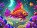 Painting portrays a mesmerizing sight of pink-patterned fish gracefully swimming among the vibrant.