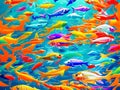 Painting portrays a mesmerizing underwater world teeming with an abundance of colorful fish, creating a vibrant and lively