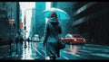 Urban scene of woman holding umbrella in the rain