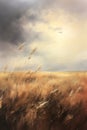 Painting of a prairie landscape and grasses. Grassland scenery in autumn, bird flying in the sky