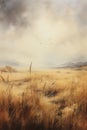 Painting of a prairie landscape and grasses. Grassland scenery and overcast sky in autumn