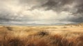 Painting of a prairie landscape and grasses. Grassland scenery and overcast sky in autumn