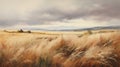 Painting of a prairie landscape and grasses. Grassland scenery and overcast sky in autumn