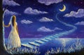 Painting Princess girl climbs the magic steps to the moon in the night seascape oil painting