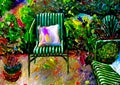 An artistic impressionist painting style of a colourful courtyard garden