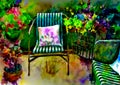 An artistic impressionist painting style of a colourful courtyard garden