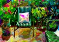 An artistic impressionist painting style of a colourful courtyard garden