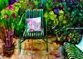 An artistic impressionist painting style of a colourful courtyard garden