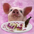 Painting of a puppy pig eating cake with his friend little bird