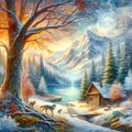 A painting of pure wonder wolf fantasy mountain, with a small cabin, layer of delicate snow, frozen lake glistens in the distance