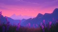 a painting of a purple sunset with mountains in the background Royalty Free Stock Photo
