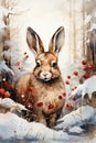A painting of a rabbit in a snowy forest