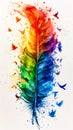 Painting of rainbow colored feather on white background with splashes of paint. AI Royalty Free Stock Photo
