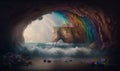 a painting of a rainbow over a body of water with a rock formation in the middle of the picture and a rainbow in the middle of Royalty Free Stock Photo