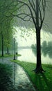 a painting of a rainy park with a bench and a tree.