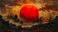 A painting of a red ball in the sky