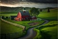 a painting of a red barn and a road in a green field with a fence and a tree on the other side