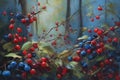 Painting of red and blue berries on a branch of a tree Royalty Free Stock Photo