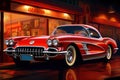 A Classic Red Chevrolet Corvette Parked in Front of a Store Created With Generative AI Technology