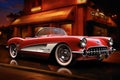 A Classic Red Chevrolet Corvette Parked in Front of a Store Created With Generative AI Technology