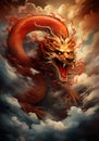 Painting of a Red and Gold Traditional Chinese Dragon roaring in the sky with dense clouds