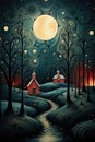 A painting of a red house in the woods. AI. Royalty Free Stock Photo