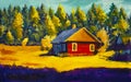 Painting rural village house, sunny landscape, summer landscape against the background of the forest Royalty Free Stock Photo