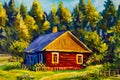 Painting rural village house, sunny landscape, summer landscape against the background of the forest Royalty Free Stock Photo