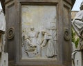 Painting relief front of the Monument to Leonardo Da Vinci in Piazza della Scala Square, Milan, Italy.