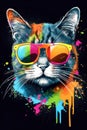 Painting of a retro style cat with multi color sunglasses Generative AI Illustration