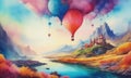 A painting of a river with a castle in the background and hot air balloons flying over the scene. Royalty Free Stock Photo