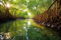 A painting of a river surrounded by mangrove trees