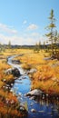 Autumn Tundra: A Photorealistic Painting Of A Serene River In Vibrant Colors